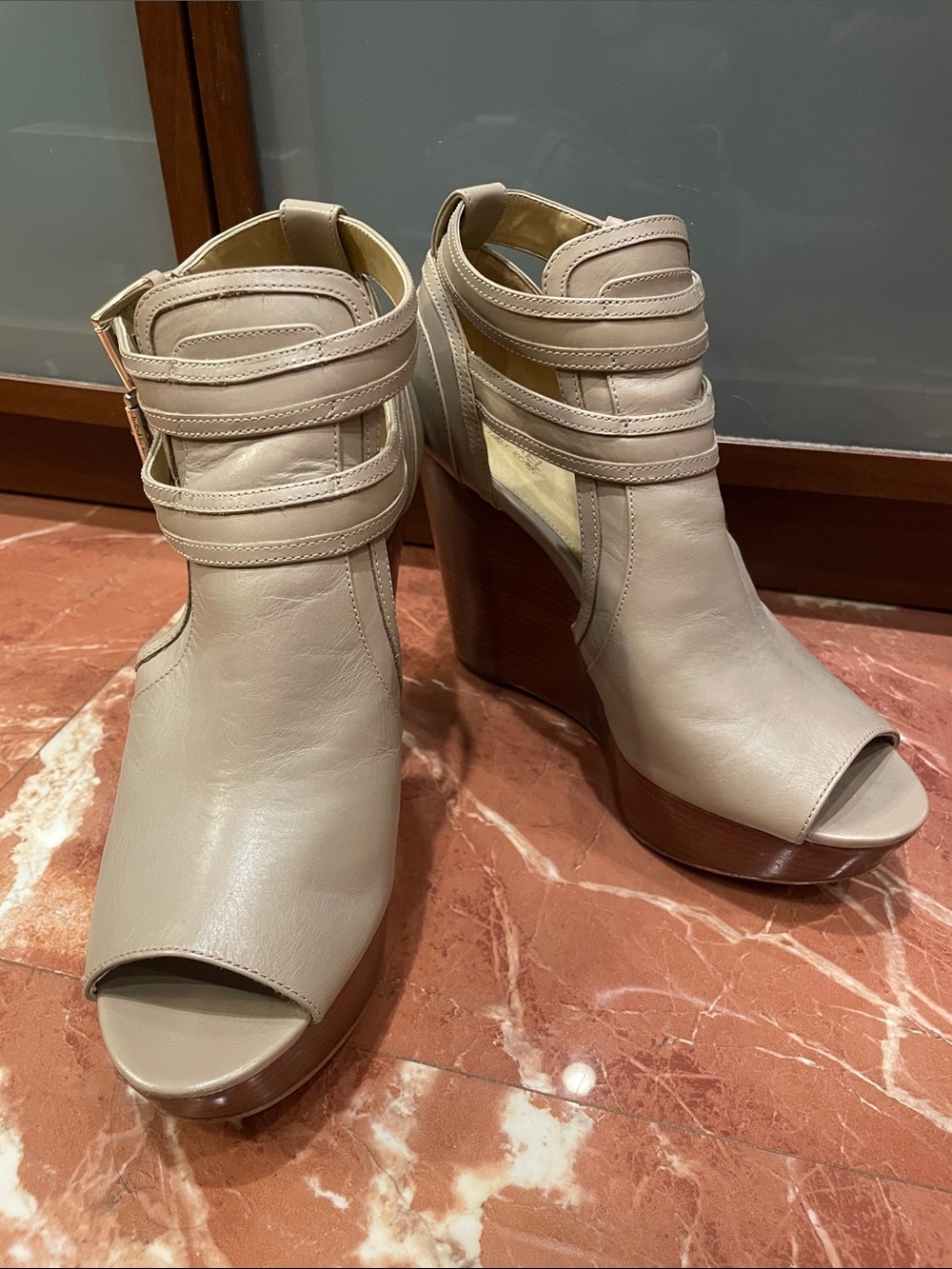 Michael Kors Taupe Peep-Toe Wedge Booties with Strappy Ankle